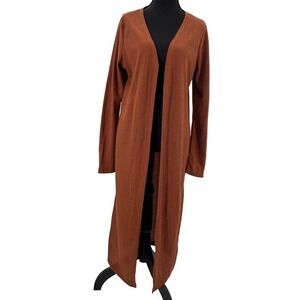 Tickled teal long ribbed waffle knit open front Cardigan duster rust slits Med